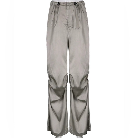 Heather Grey Silver Wide Satin Pant With Adjustable Cinch Ties - Picture 10 of 12